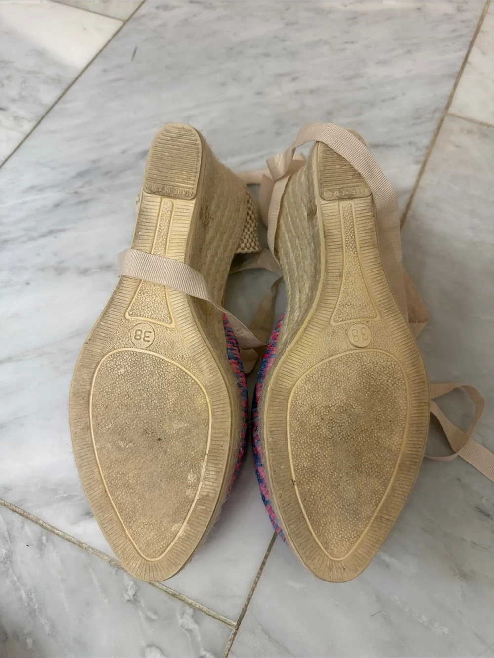 Manebi Pink & Blue Woven Espadrille Flats with Cream Ankle Ties